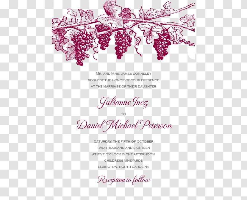 Wedding Invitation Mountain Run Winery Common Grape Vine - Magenta - Paper Transparent PNG