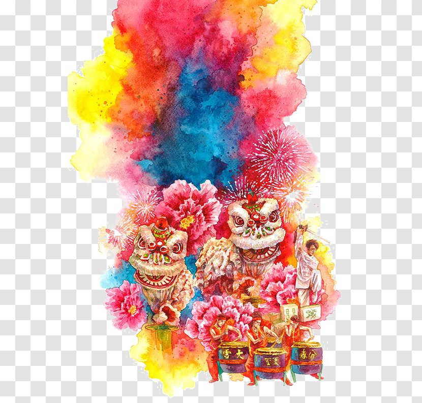 Chinese New Year Watercolor Painting Lion Dance Illustration - Years Eve - Drawing Transparent PNG