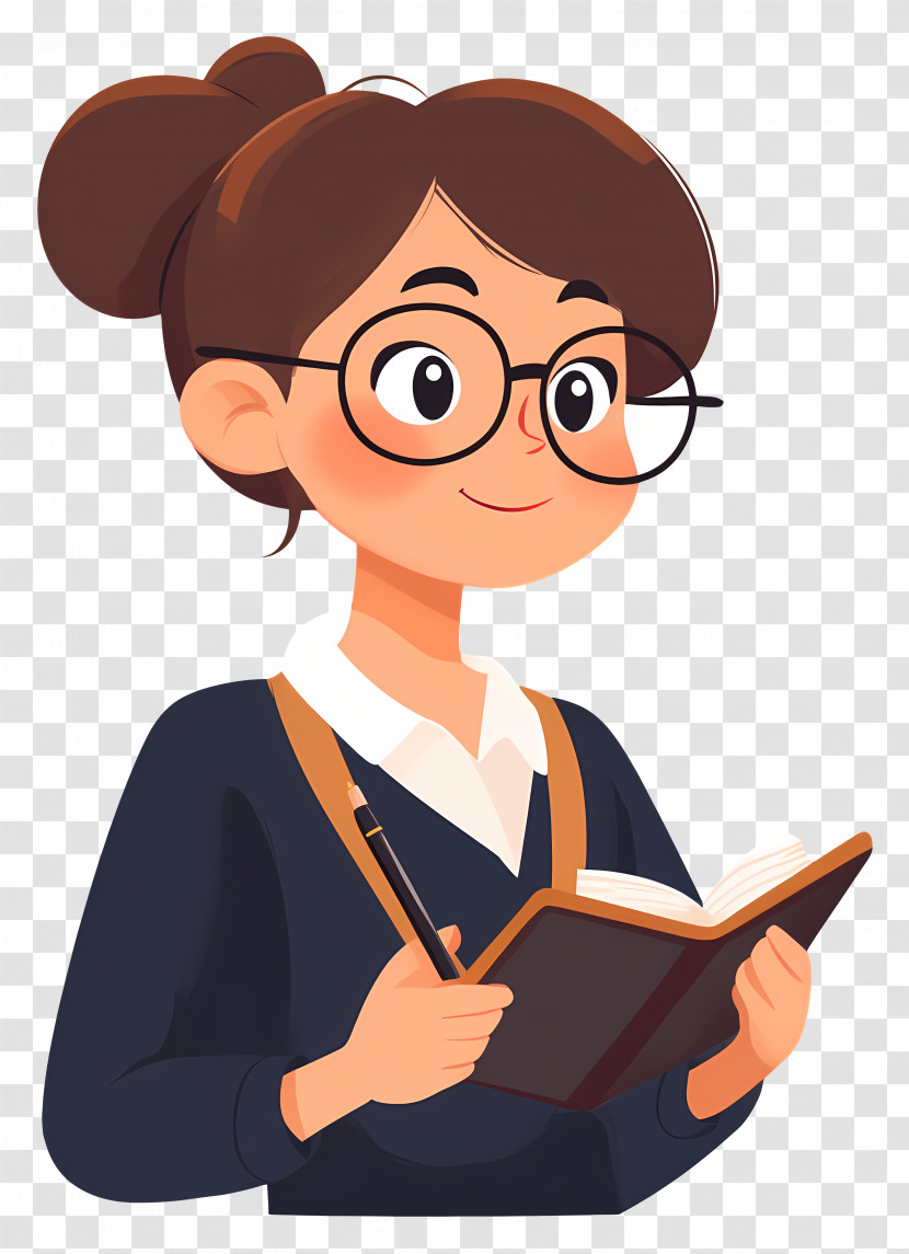 Teacher - Cartoon Girl With Glasses Reading A Book Transparent PNG