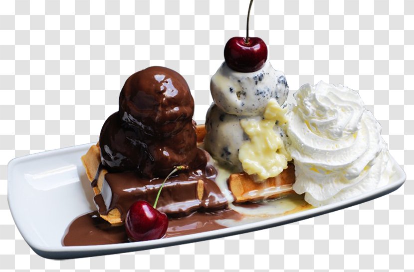 Waffle Ice Cream Smoothie Dish Cafe - Chocolate Syrup Transparent PNG