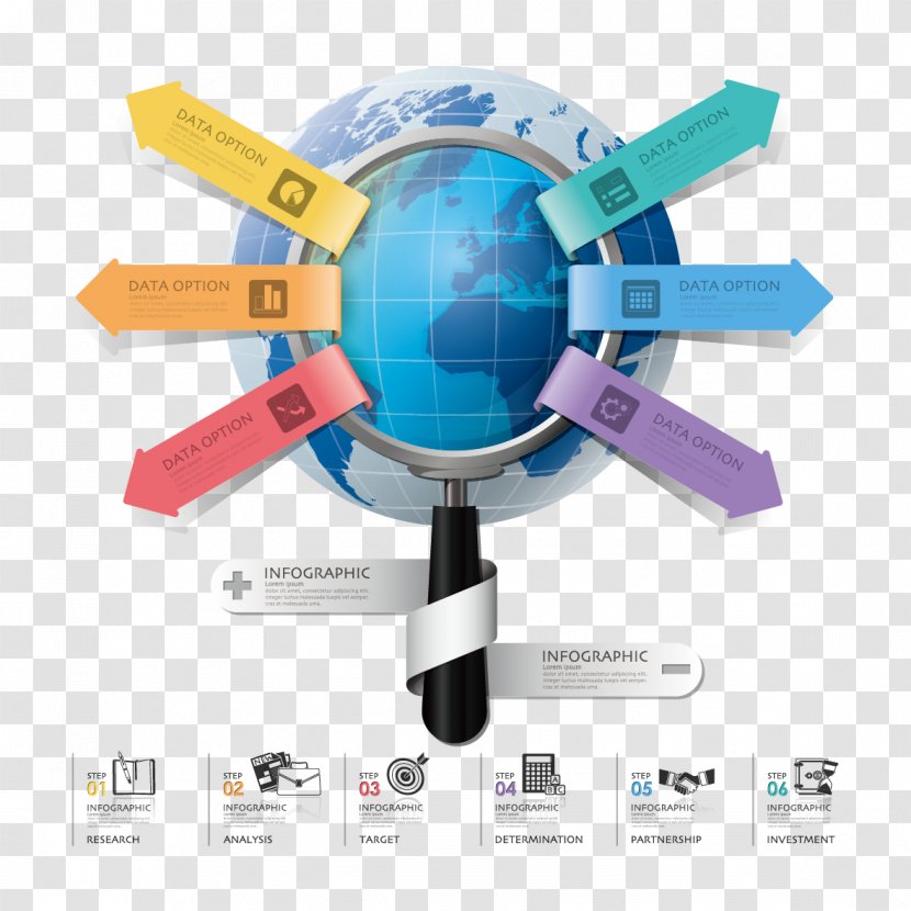 Infographic Diagram Chart Business - Vector Magnifying Glass Globe And Arrows Transparent PNG
