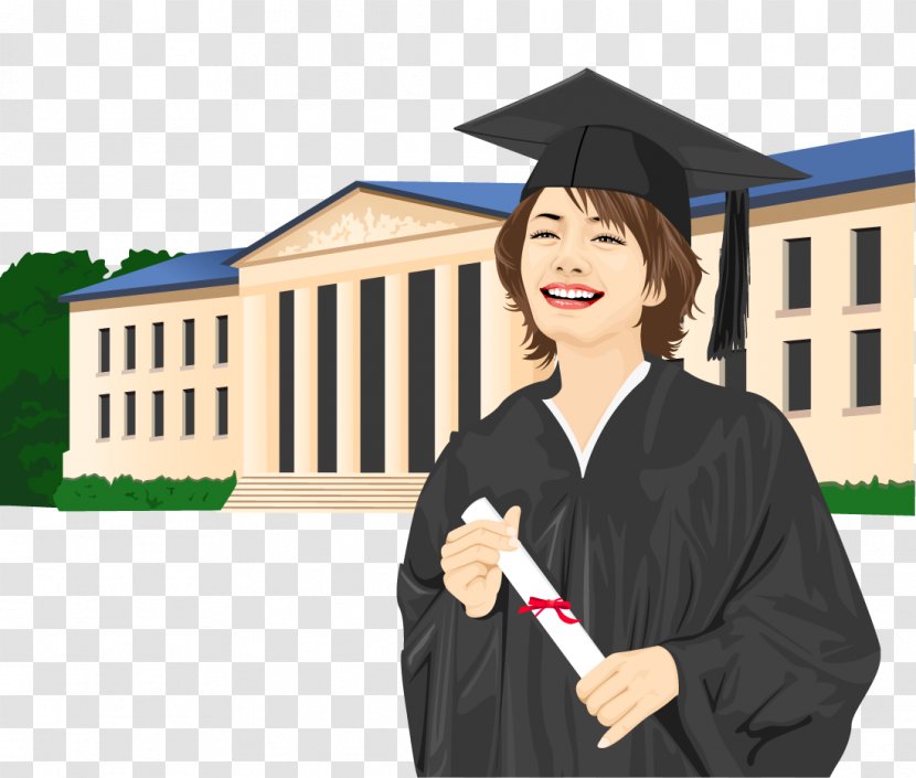 Graduation Ceremony Cartoon Academic Dress Doctorate Illustration - Frame - Hand Painted, Bachelor Wear Short Hair Beauty Vector Transparent PNG