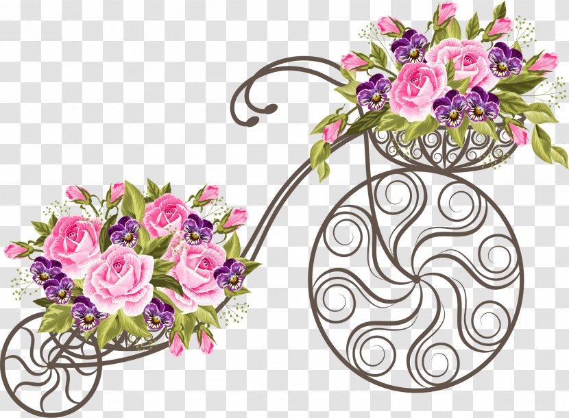 Bicycle Basket Flower Stock Photography - Floristry - Pink Roses Retro Bike Transparent PNG