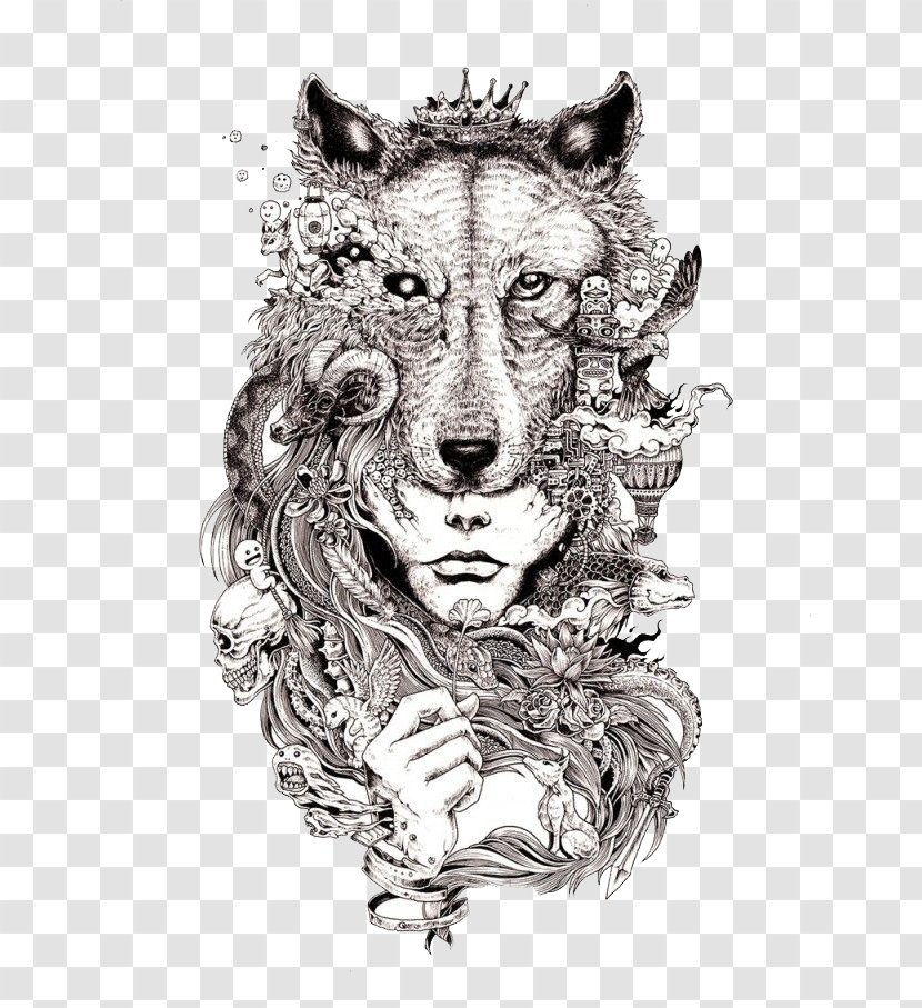Gray Wolf Drawing Art Sketch - Imagimorphia - Woman With A Lion Mask Transparent PNG