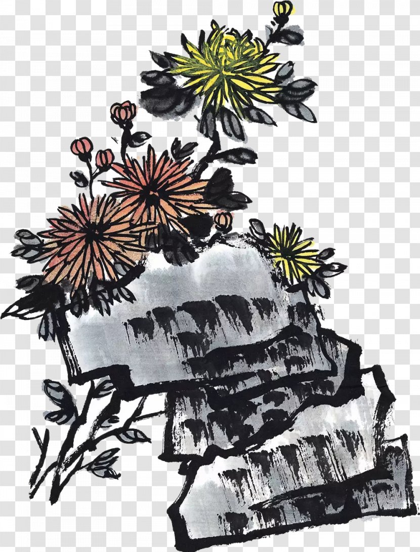 Ink Wash Painting Four Gentlemen Chrysanthemum Flower - Tree - Watercolor Transparent PNG