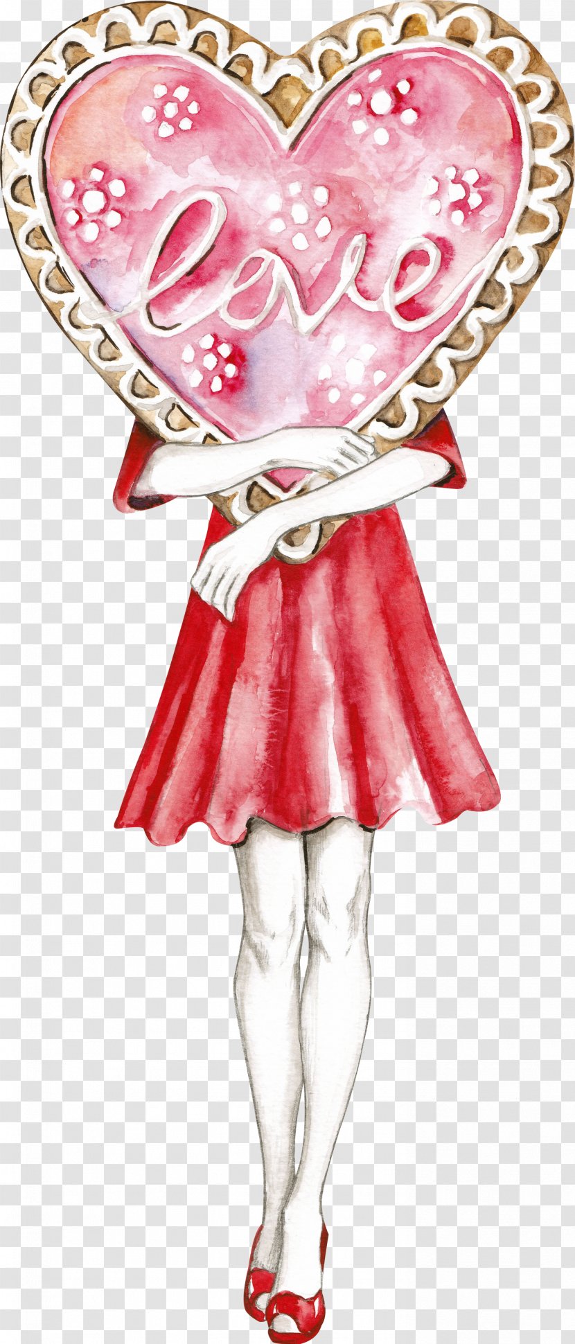 Valentines Day Heart - Watercolor Painting - Pink Lady Figurine Transparent PNG