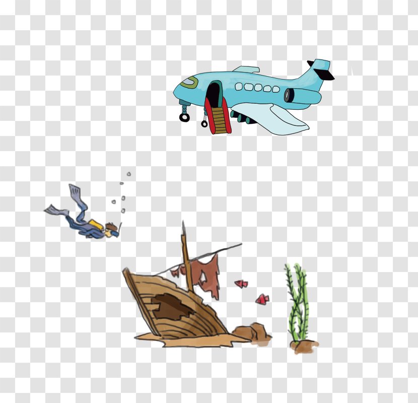 Airplane Beach Illustration - Hand-painted Aircraft Sand Swimming Transparent PNG