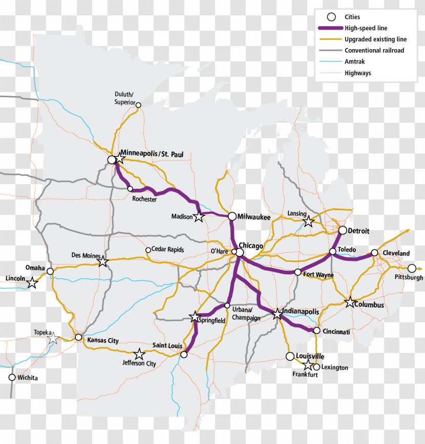 Midwest High Speed Rail Association Midwestern United States Transport Cincinnati Train - Diagram - Area Transparent PNG