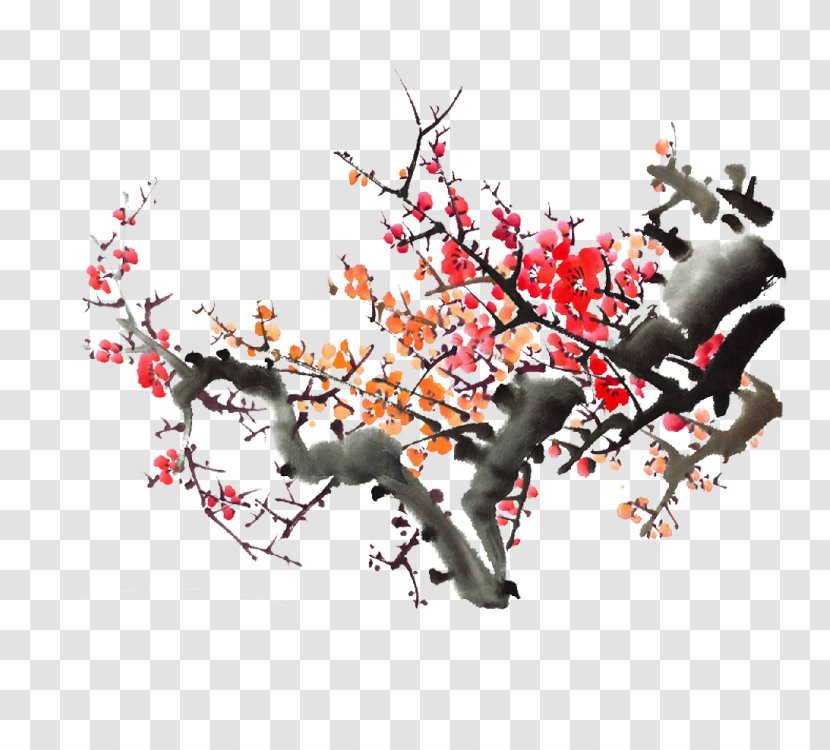 Ink Wash Painting Plum Blossom - Flowering Plant Transparent PNG
