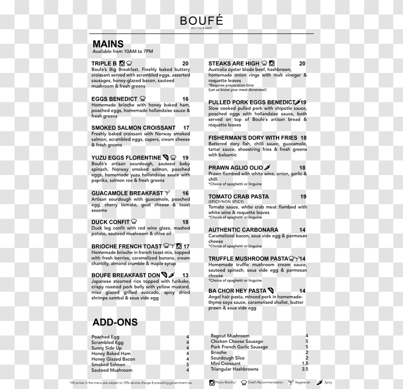 Menu Boufe Boutique Cafe Pasta Document Transparent PNG