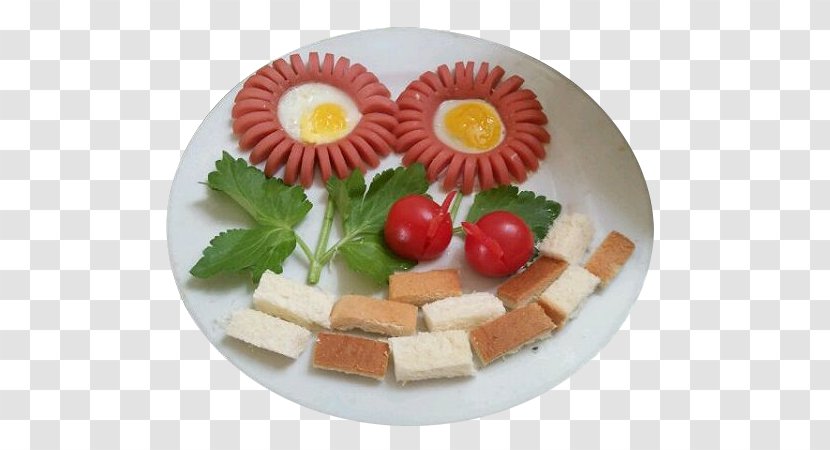 Ham European Cuisine Fried Egg Vegetarian Canapé - Appetizer - And Poached Eggs On A Sunflower Wobble Board Transparent PNG