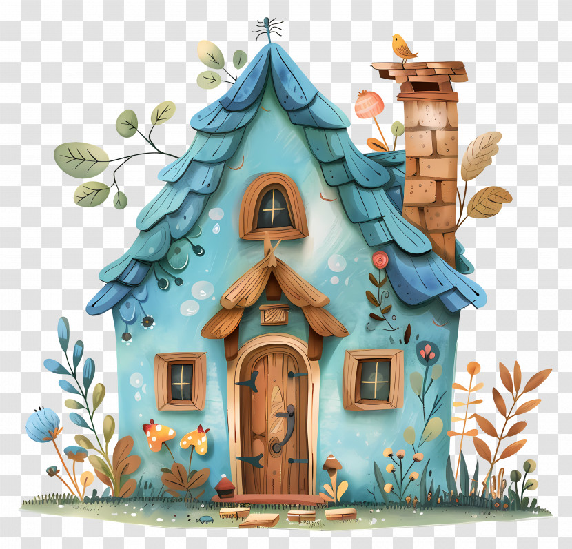 Cottage - Blue Fairy Tale House With Foliage Accents Transparent PNG