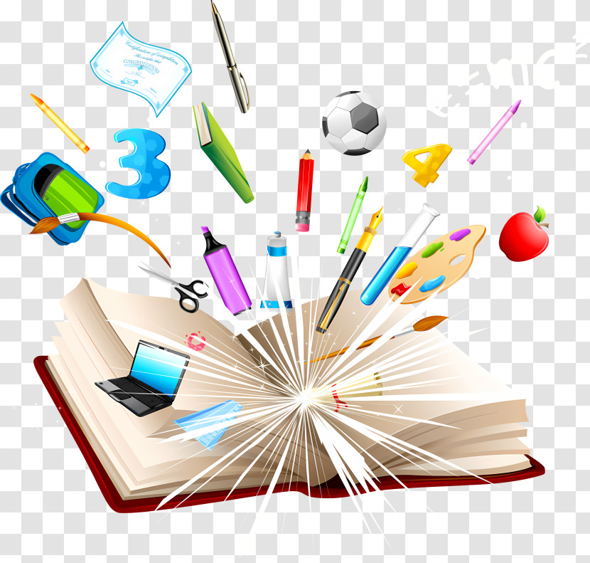 Stationery - Open Book With Floating Creative Objects For Education Transparent PNG