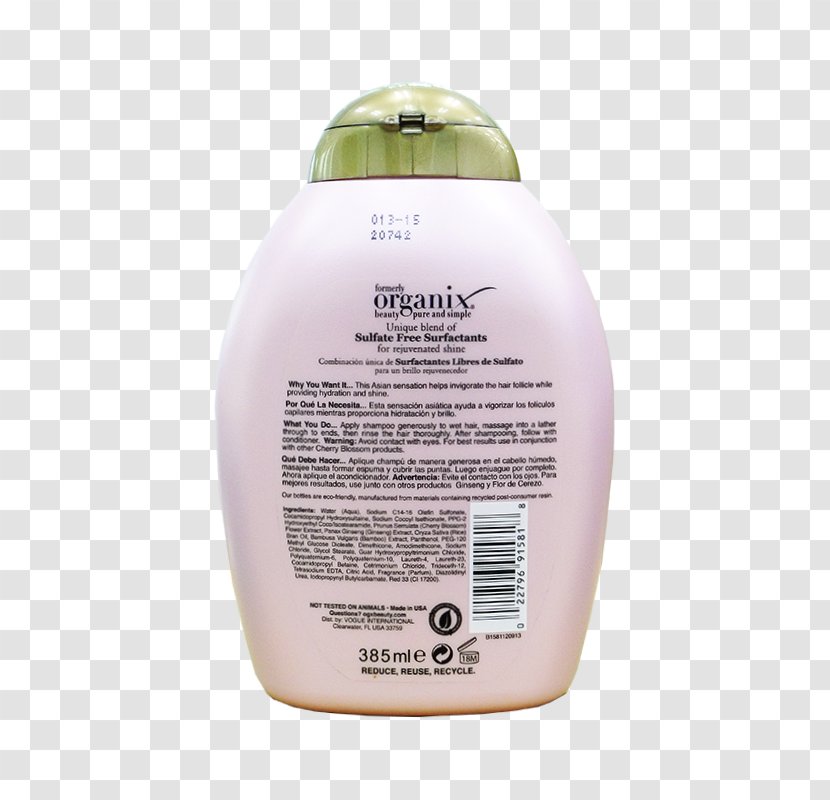 Lotion OGX Rejuvenating + Cherry Blossom Ginseng Shampoo - Liquid - Rice Milk Extract Transparent PNG