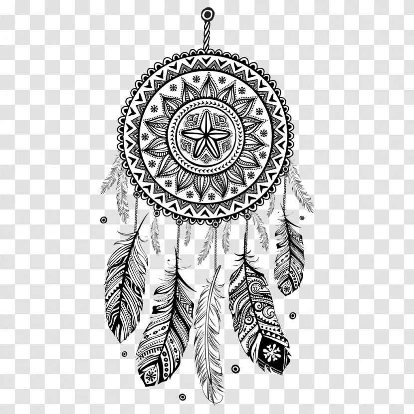 Dreamcatcher Coloring Book Mandala Drawing Decal - Jewellery - Black And White Feathers Campanula Transparent PNG