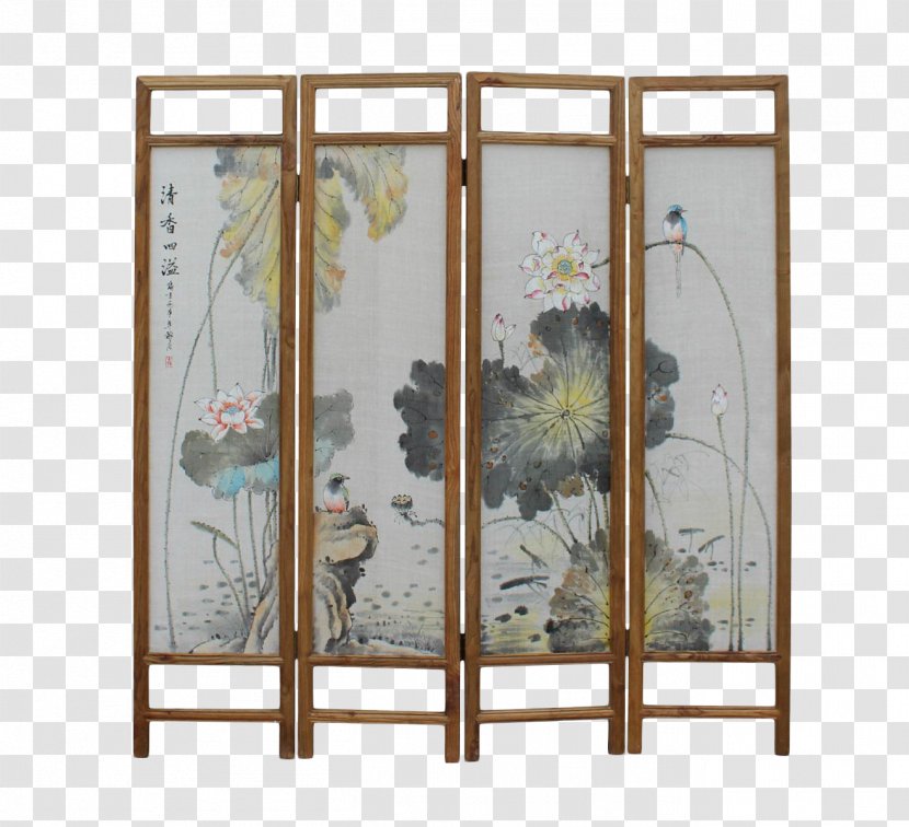 Room Dividers Window Painting Folding Screen Art - Hand-painted Lotus Pond Scenery Transparent PNG