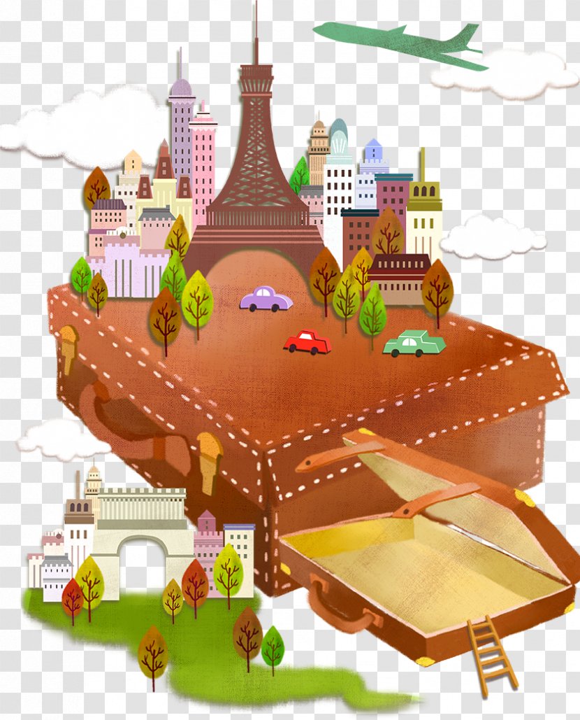Suitcase Travel Box Illustration - A Small Town On The Transparent PNG
