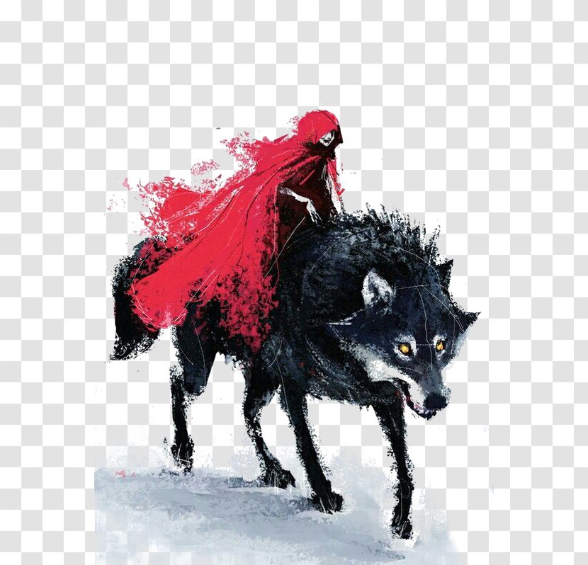 Big Bad Wolf Little Red Riding Hood Gray Drawing Art - Cape - Fairy Tale Hat Illustration Transparent PNG