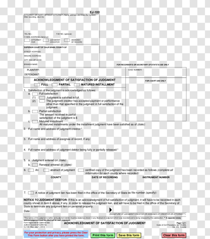 Abstract Of Judgment California Document Form - Lien Transparent PNG