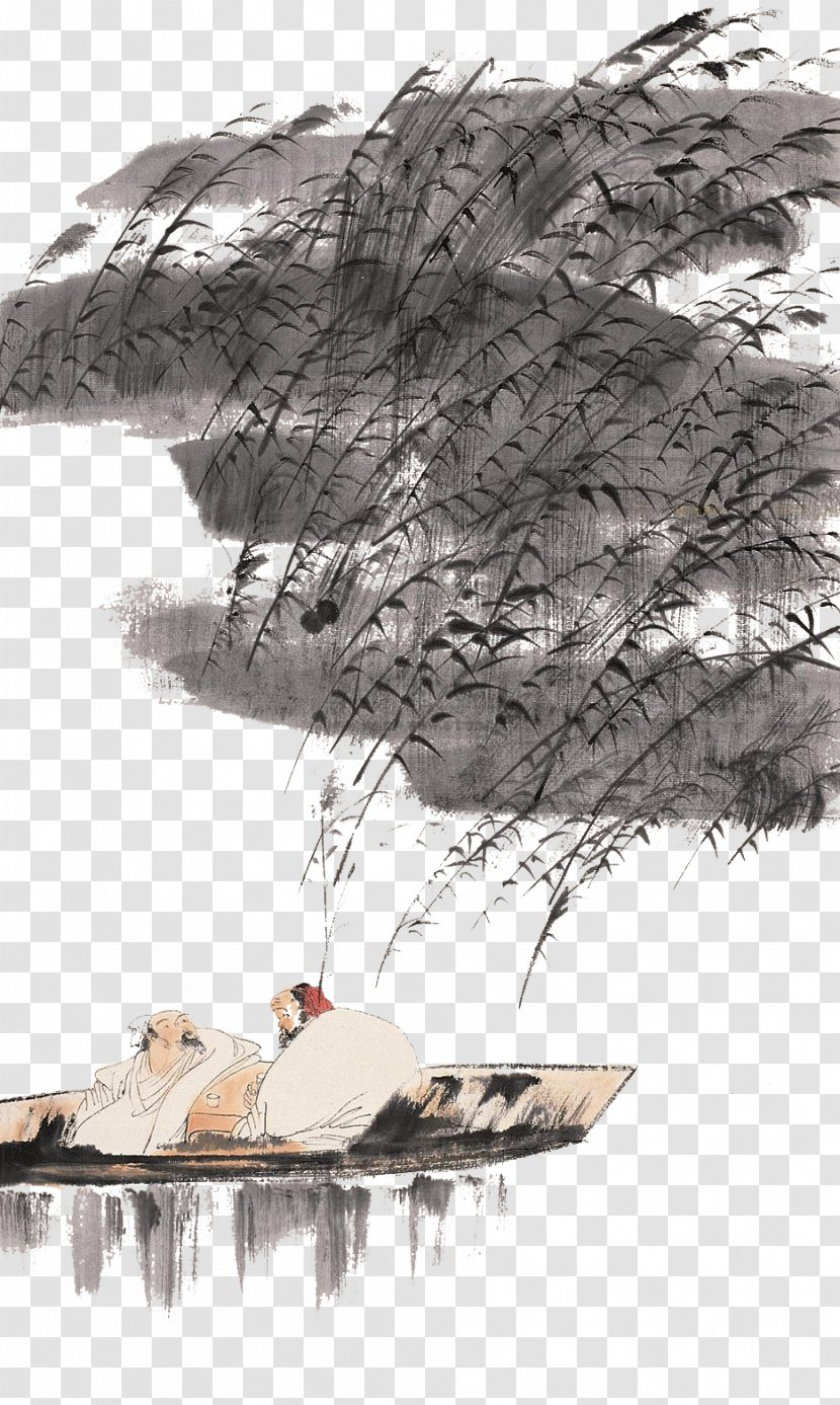 Reed Marshes Ink Wash Painting Chinese - Boat In The Transparent PNG