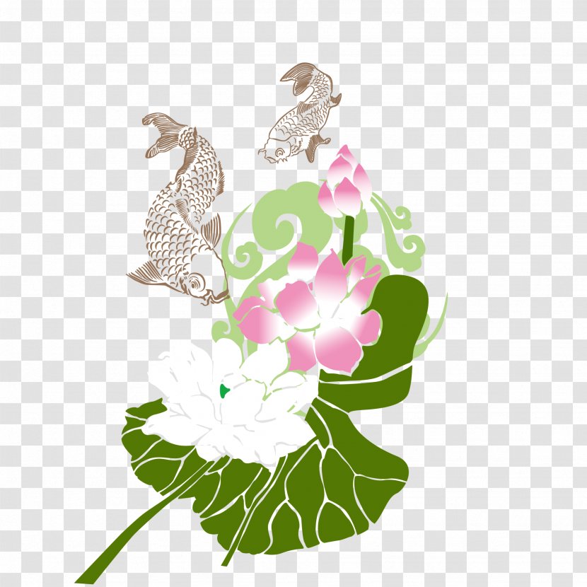 Koi Green Poster Illustration - Flower Arranging - Vector Lotus And Fish Transparent PNG