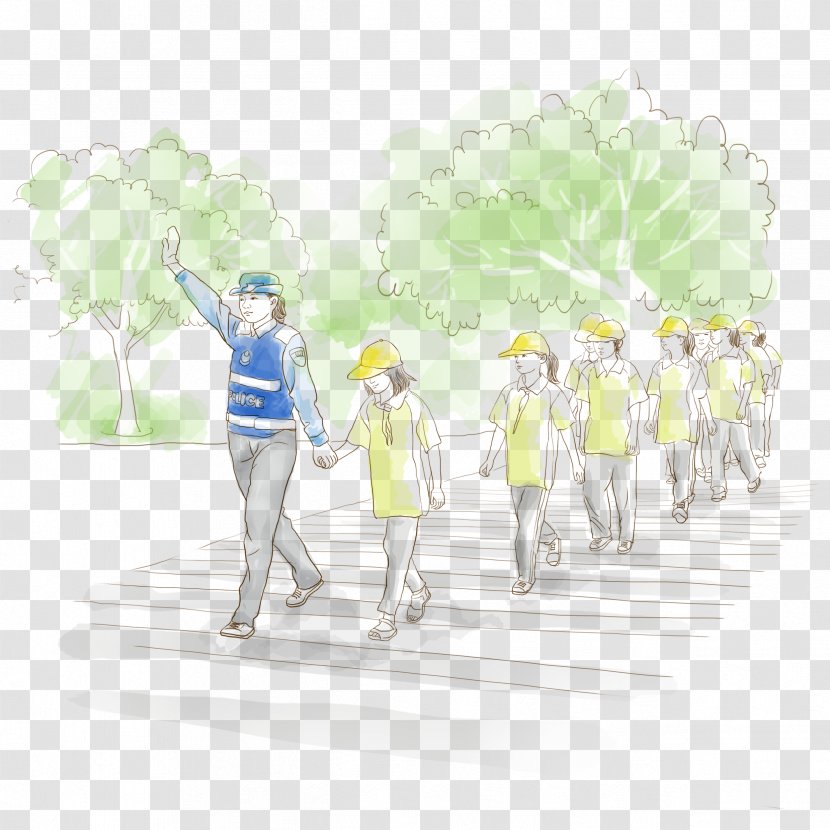 Cartoon Drawing Traffic Police Road - Female Draw A Friend To Cross The Hand Transparent PNG
