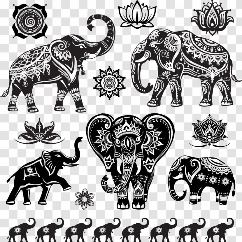 Indian Elephant Royalty-free Illustration - Black And White - Lotus Retro Pattern Transparent PNG