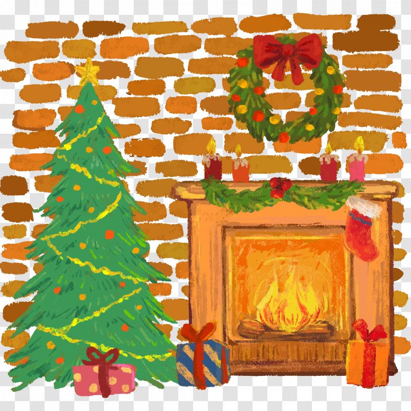 Christmas Tree Furnace Fireplace Santa Claus - Lights - Vector Illustration Transparent PNG