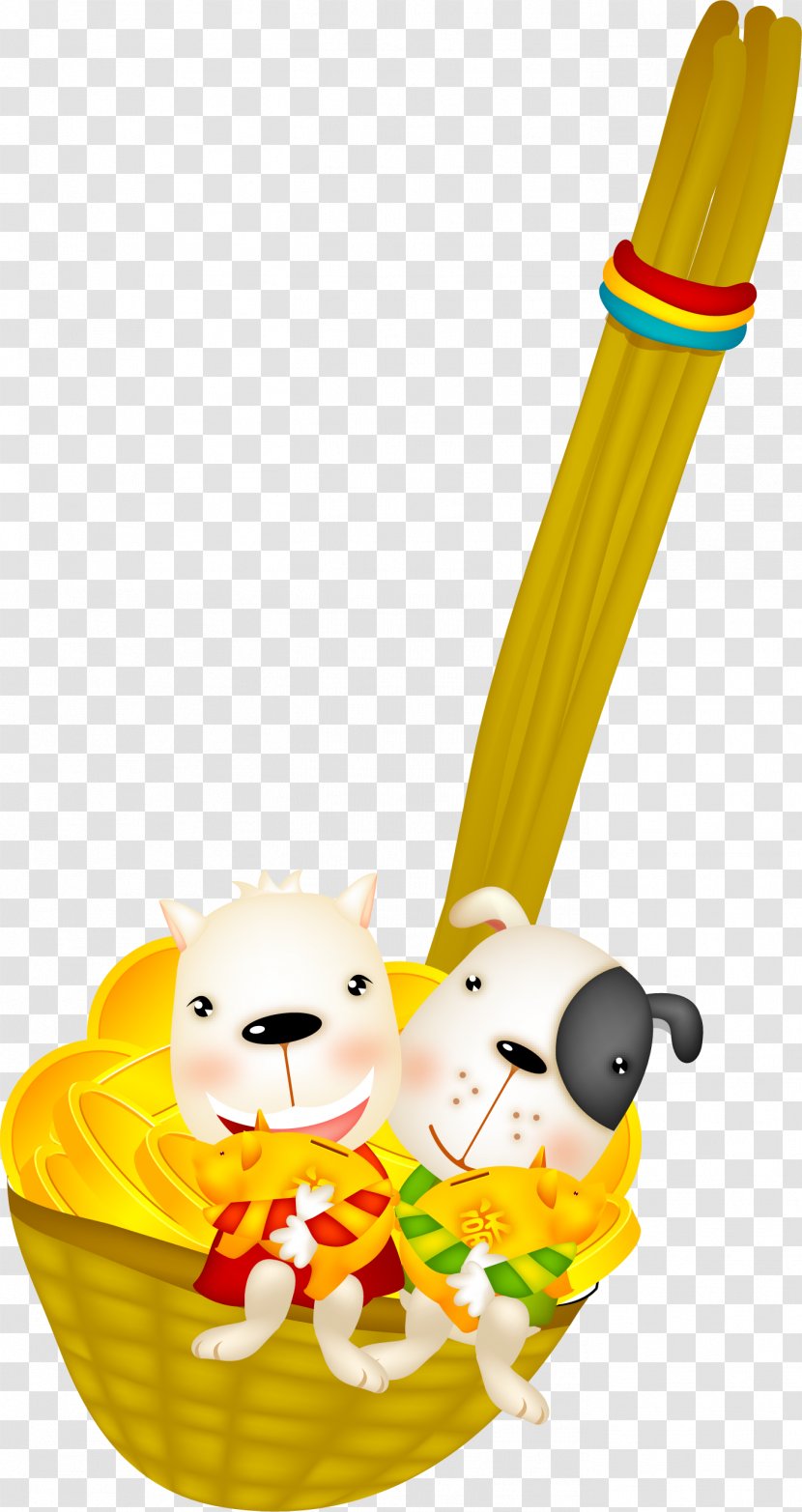 New Year Cartoon Greeting Card Illustration - Yellow - Vector Dog Holding A Piggy Bank Transparent PNG