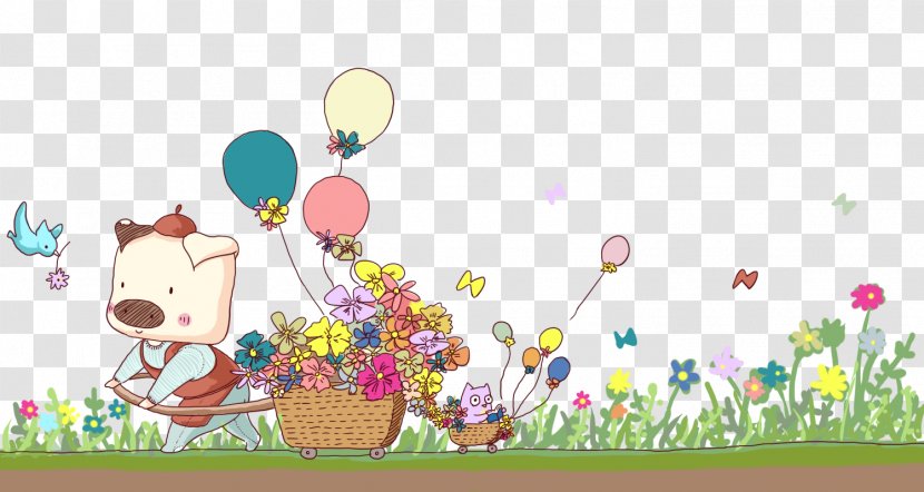 Cartoon Illustration - Easter - Hand-painted Pig Spring Pull Floats Free Download Transparent PNG