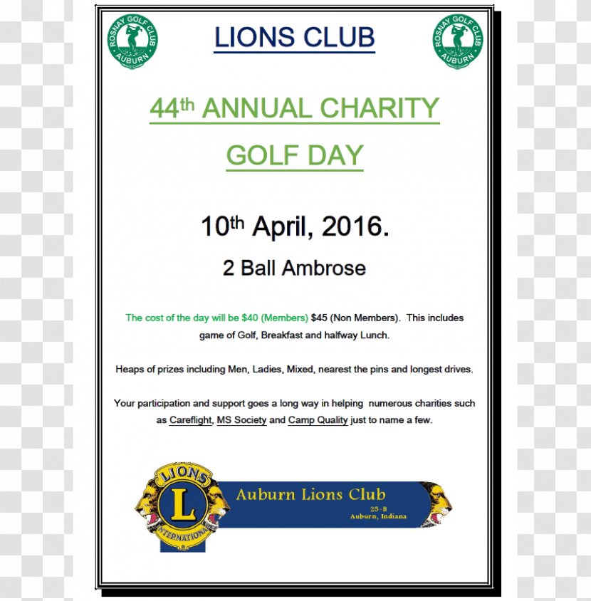 Lions Clubs International Line Font - Yellow - Charity Golf Transparent PNG