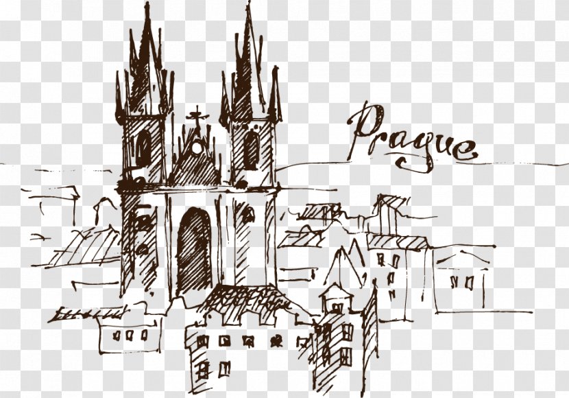 Prague Astronomical Clock Drawing Sketch - Watercolor Painting - Vector Castle Transparent PNG