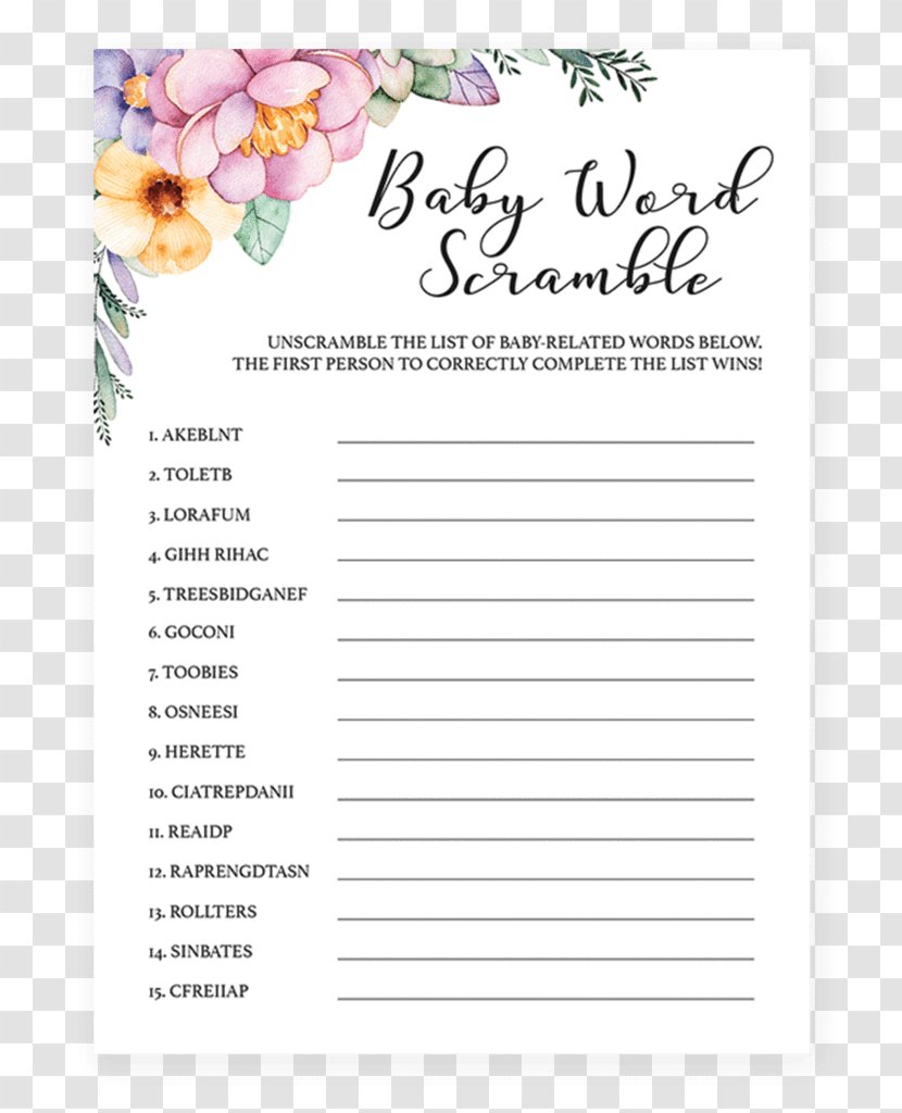 Scrabble Oriental Trading Company Baby Shower Word Scramble Game - Text - Flowers Transparent PNG