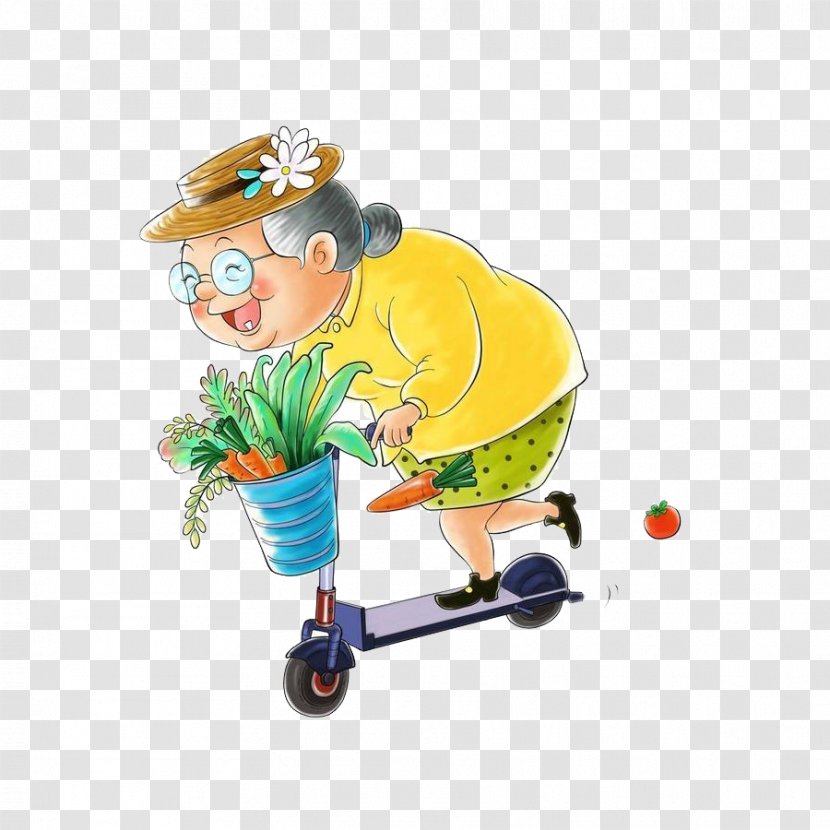 Scooter Chengguanzhen Cartoon - Riding A To Buy Food Of The Old Lady Transparent PNG