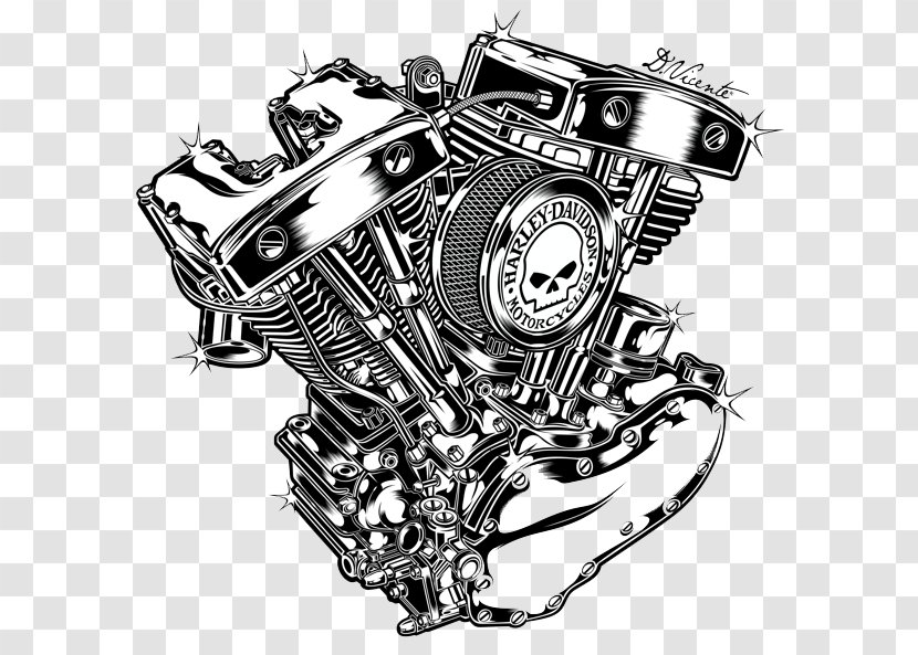 Motorcycle Engine V-twin Harley-Davidson - Straighttwin - Black And White Mechanical Skeleton Transparent PNG