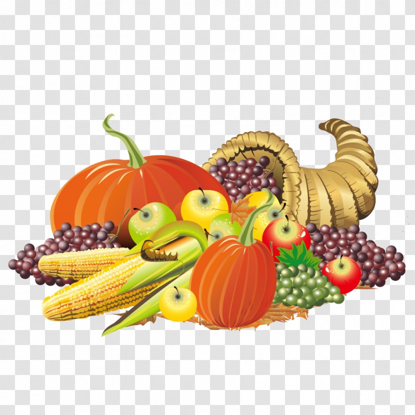 Thanksgiving Cornucopia Clip Art - Diet Food - Vector Pumpkin Colorful Fruit Grape Heap Transparent PNG