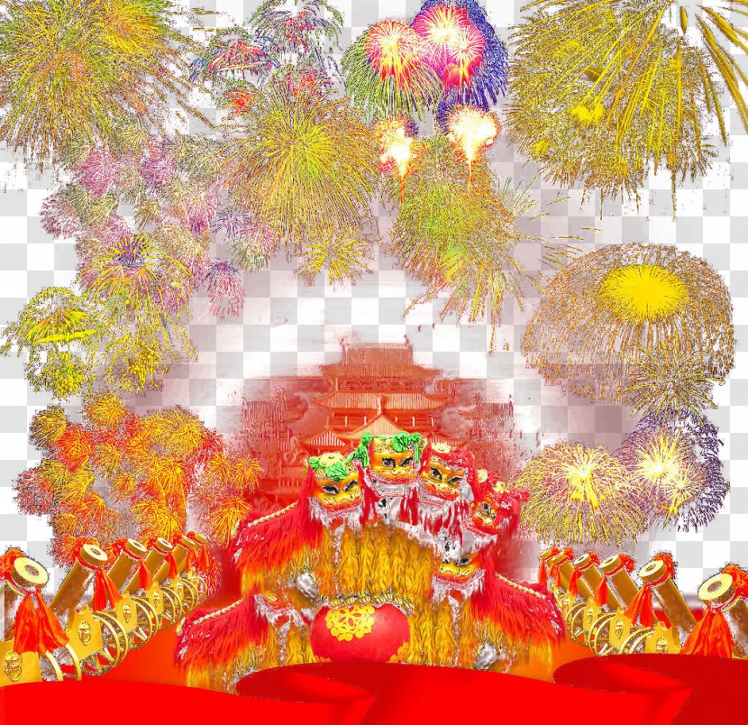 Fireworks Lively Lion Dance - Cartoon - Heart Transparent PNG