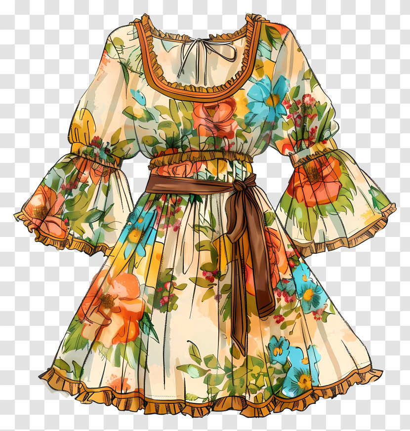Boho - Colorful Floral Dress With Belt Transparent PNG