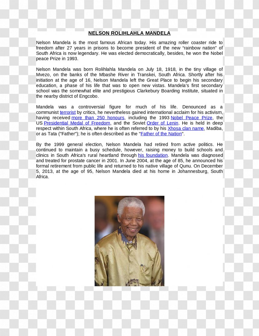 Résumé South African Republic Biography Font - Nelson Mandela - Africa Transparent PNG