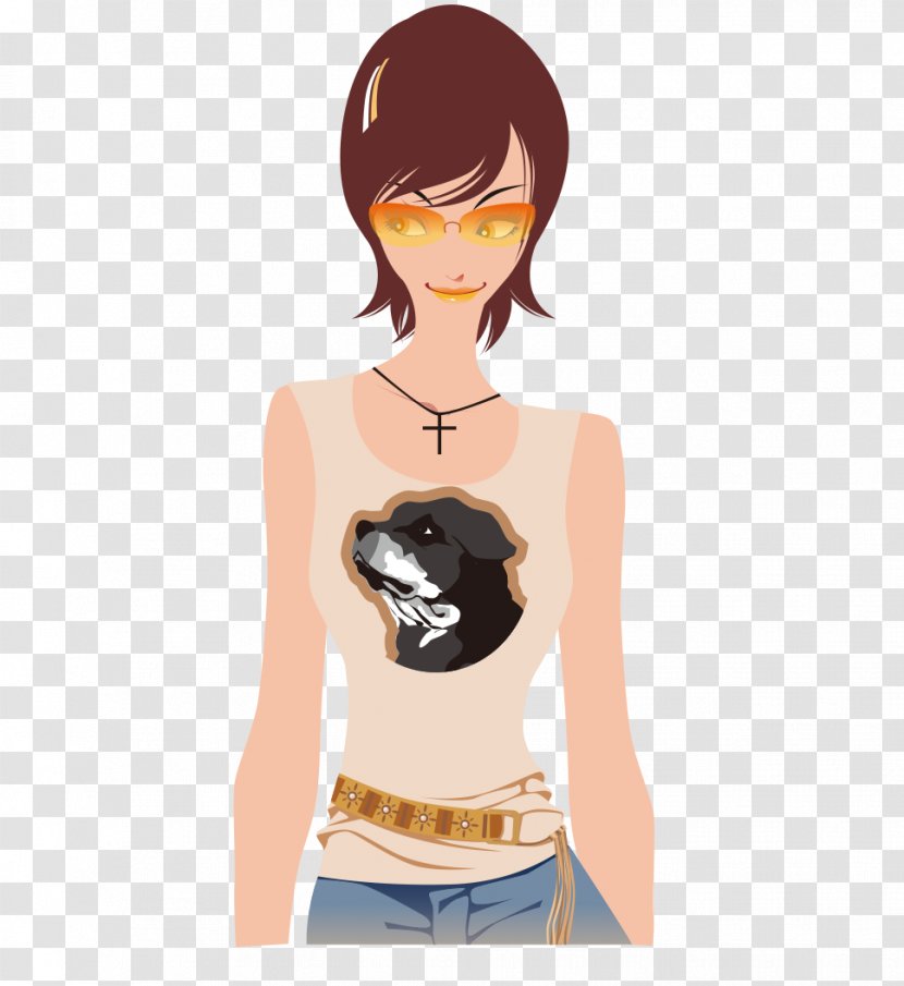 T-shirt Cartoon Illustration - Frame - Hand-painted Fashion Beauty Short Hair Wearing Glasses Transparent PNG
