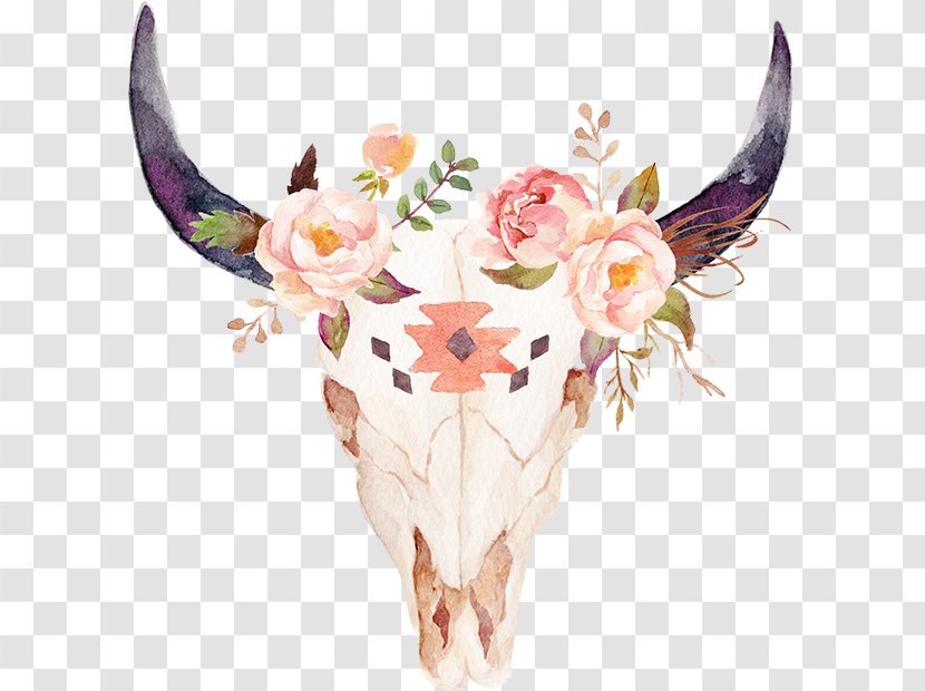 Cattle Watercolor Painting Bull Skull Flower - Fictional Character - Longhorn Transparent PNG