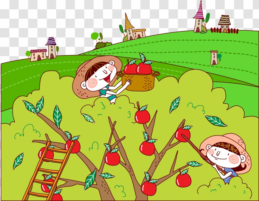 Cartoon Auglis Illustration - Picking Apples Together Transparent PNG