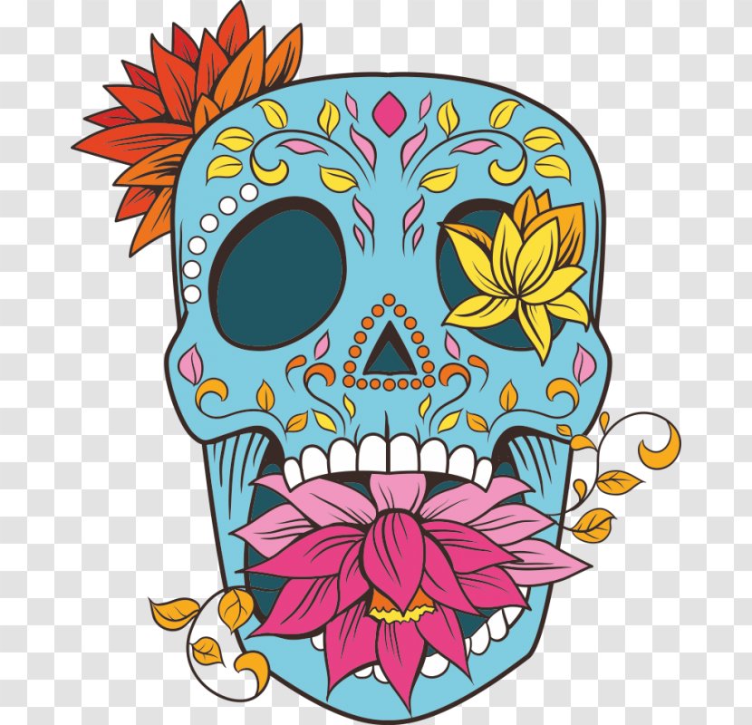 Calavera Skull Day Of The Dead Flower Drawing - Bone Transparent PNG