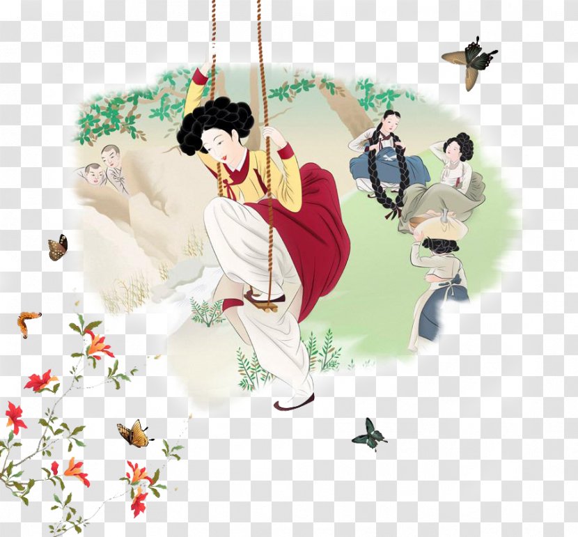 Ancient Swing Woman - Tree - Watercolor Transparent PNG