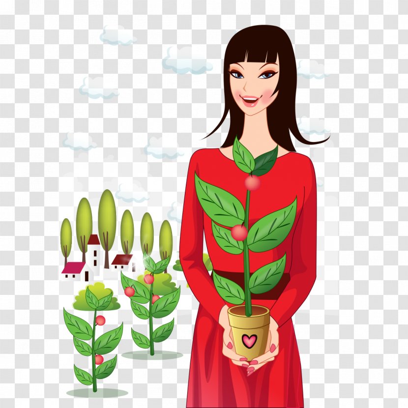 Woman Teacher Illustration - Watercolor - Female Holding Flowers Transparent PNG