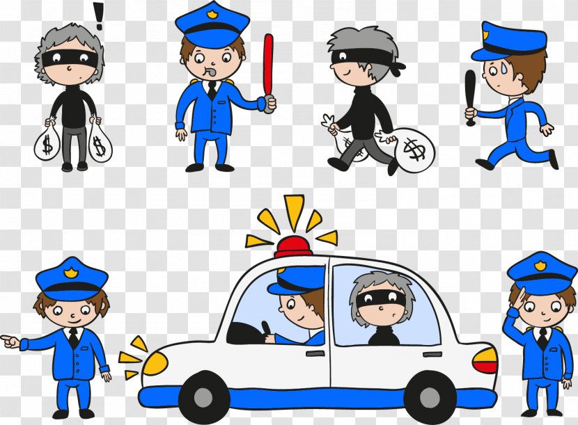 Police Car Officer Drawing Clip Art - Vector Hand-drawn Cartoon And Criminals Transparent PNG