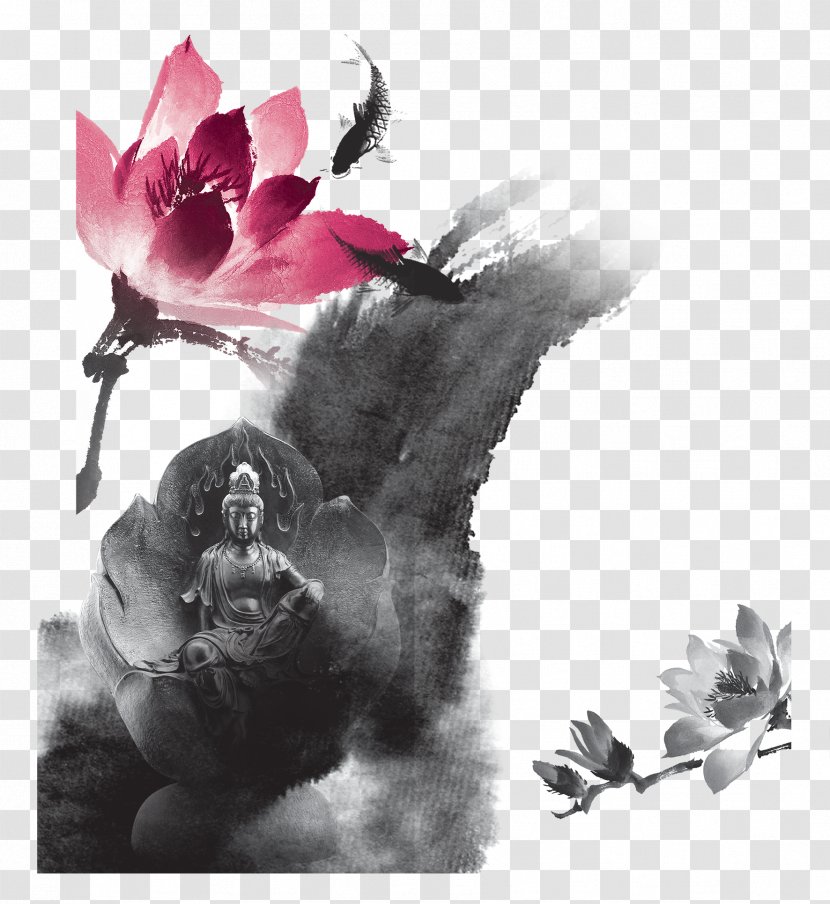 Budaya Tionghoa Ink Wash Painting Chinoiserie - Monochrome - Lotus Transparent PNG