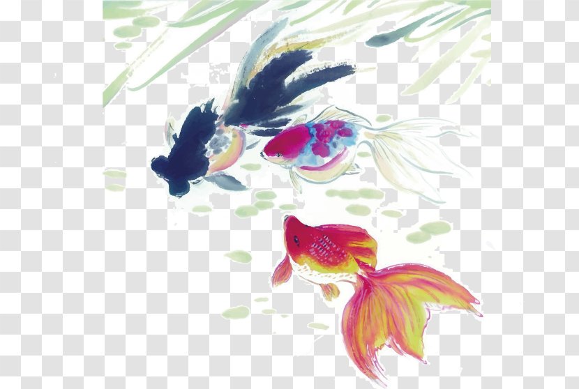 Goldfish Ink Wash Painting Wallpaper - Aquarium - Hand-painted Fish Transparent PNG