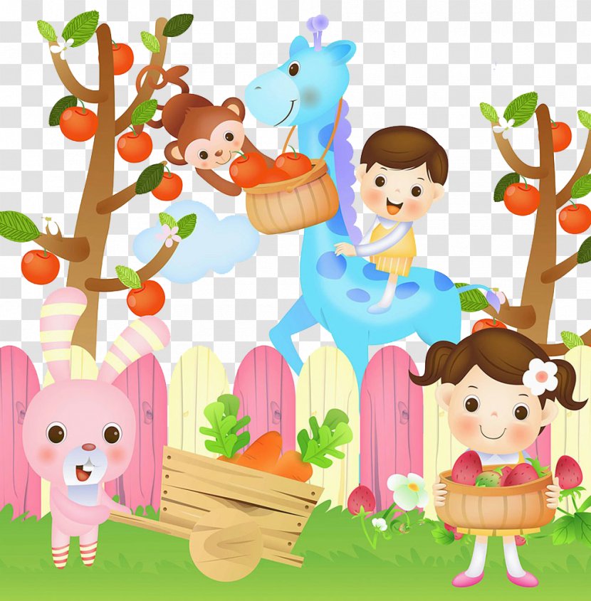 Apple Child Clip Art - Food - Children And Animals Pick Apples Transparent PNG