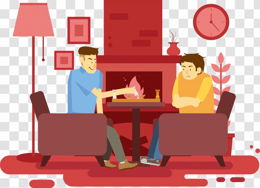 Cartoon Living Room - Table - Youth In The Fireplace Next To Chess Vector Transparent PNG